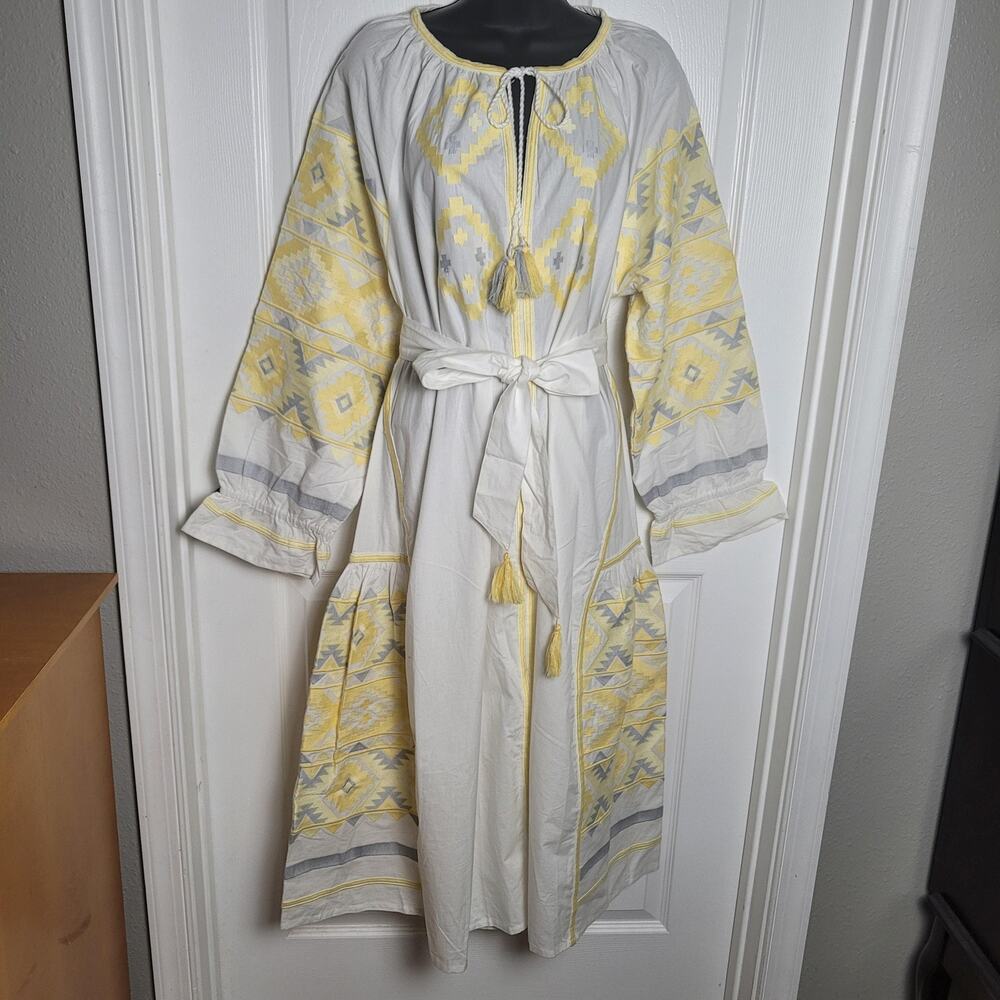 Julia Amory Dress 2XL White Yellow Coatue Caftan Embroidered Boho Maxi Belted - Picture 7 of 15